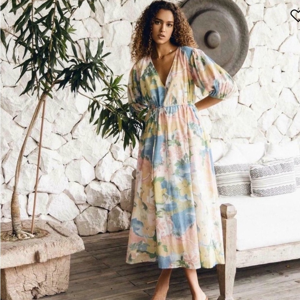 Girl And The Sun Dress Size Small Floral Puff Sleeves Midi V Neck Summer Vaction